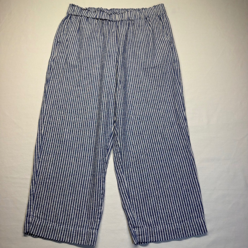 Talbots Linen Blend Striped Wide Leg Cropped Pants M Blue White Womens Pull On